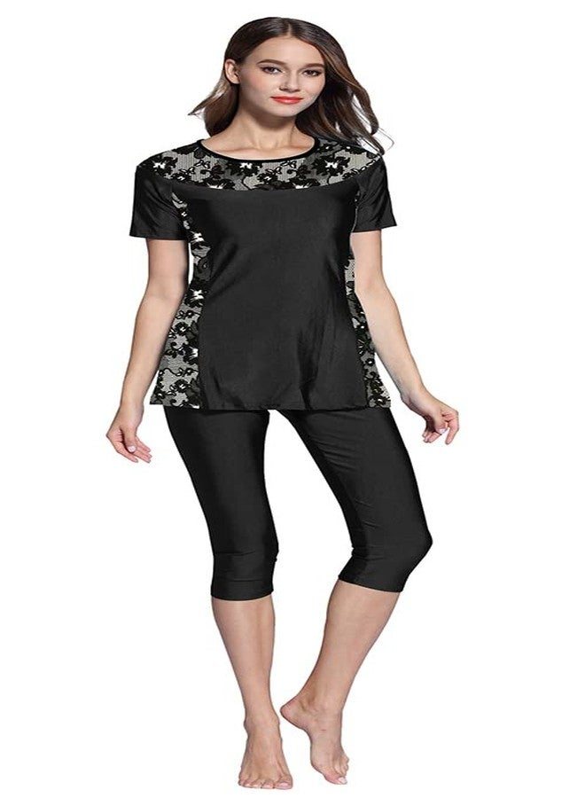 Ababalaya Womens' Color Block Moderate Cover 2 Piece Swimsuit Burkini(Tag Size M=US Size 4, Black Lace) - Image 1